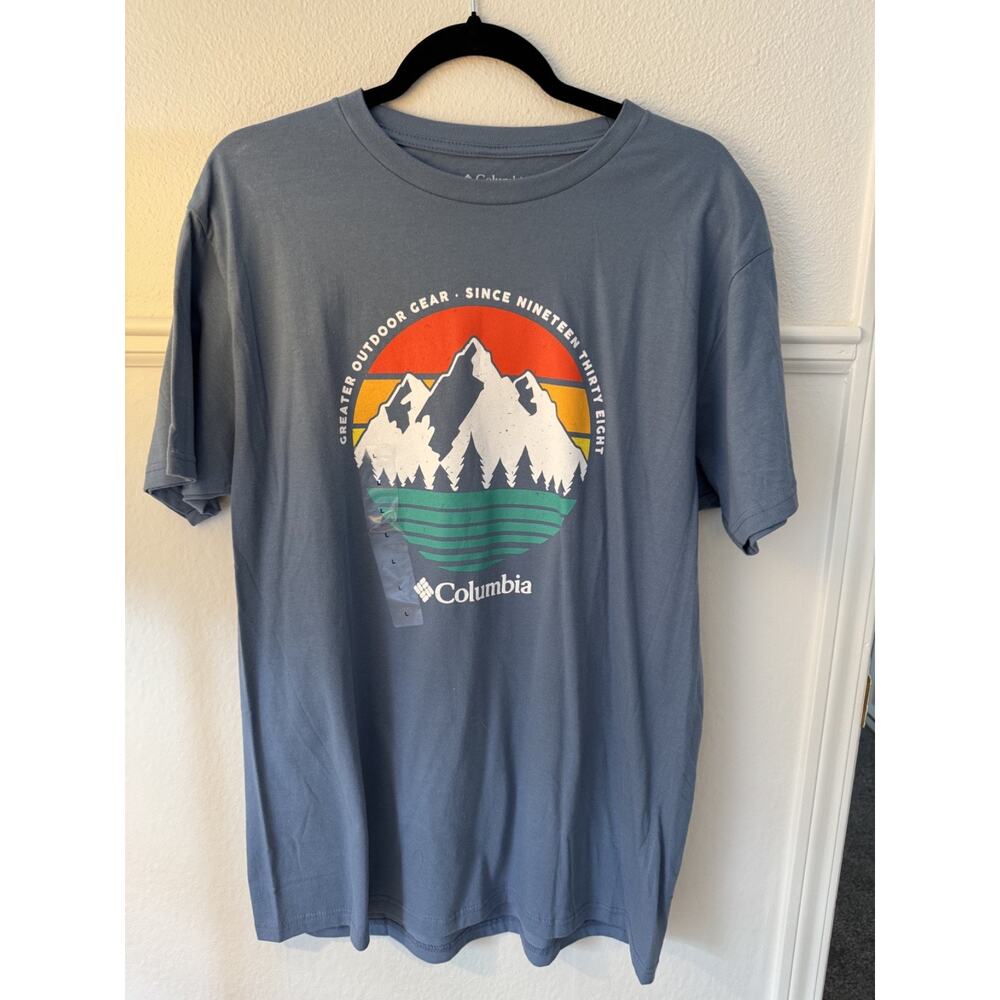 Columbia T Shirt  Large Blue Outdoor Mountain Short Sleeve NWOT